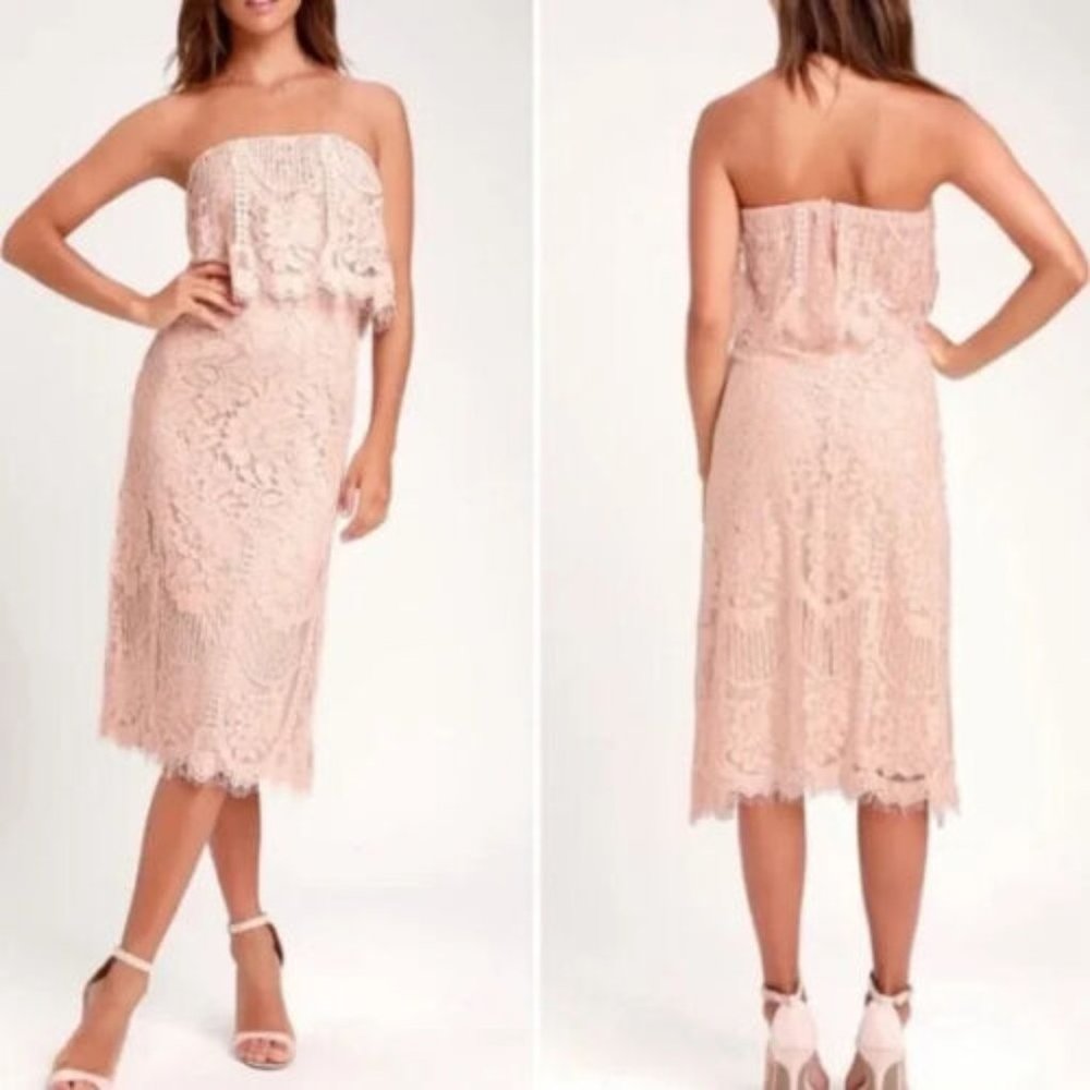 NEW! Lulu’s Delia Lace Strapless Midi Dress L Womans Blush Pink Floral Lined